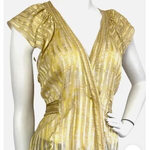 BCBGMaxazria Silk Blouse Wrap Flutter Sleeve Shadow Stripe Snap Front Yellow Top
